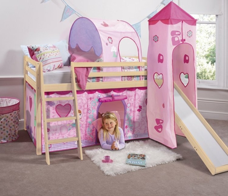 Detská postieľka šmykľavka dievčenská izba hrad roztomilé závesy veža