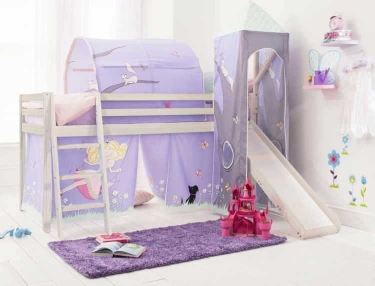 Detská posteľ šmykľavka izba pre dievčatá hracia posteľ fialový koberec