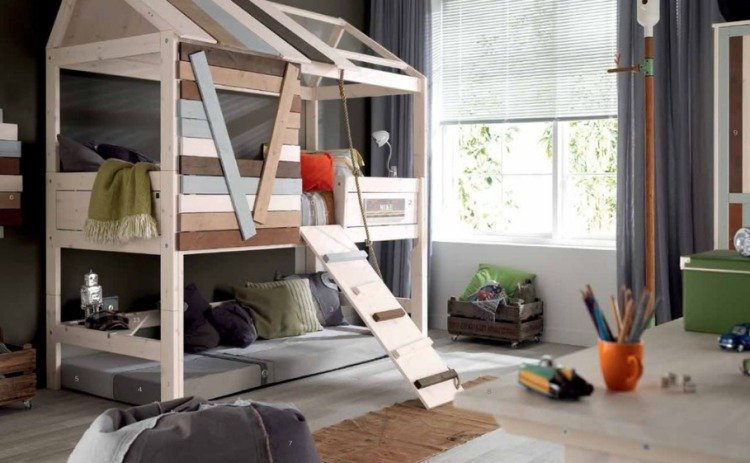 detské loftové postele-chlapci-šmykľavka-laná-domček na strome