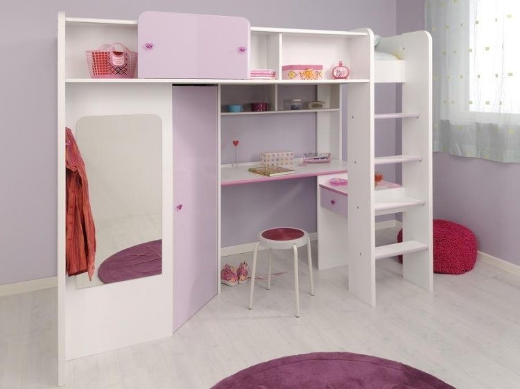 Poschodová posteľ-valentína-skriňa-písací stôl-fialovo-biela