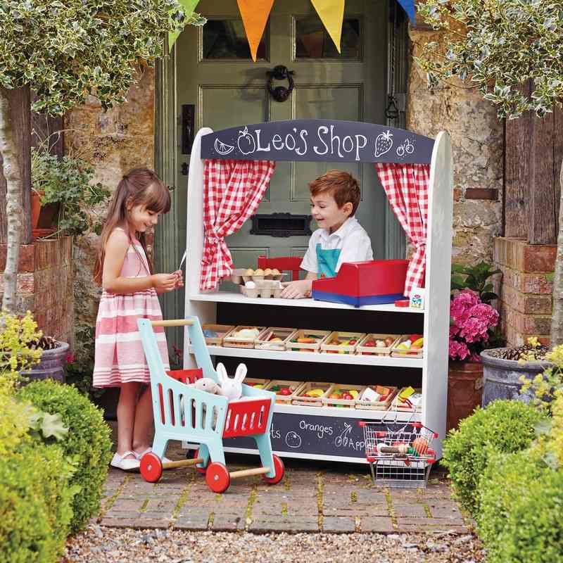 Detská kuchynka-drevo-predajný stojan-záhrada-police-ovocie-zelenina