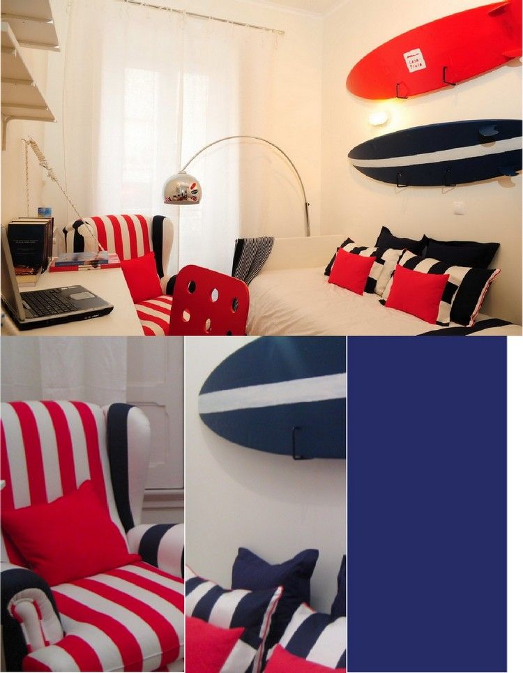Nápady na dekoráciu detskej izby-malá izba-námorné-motto-červená-námornícka-modrá-surfy-deco
