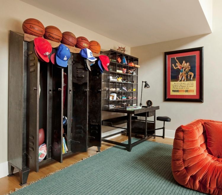 zariadenie detskej izby-športová téma-basketbal-kovové skrine-moderný stôl