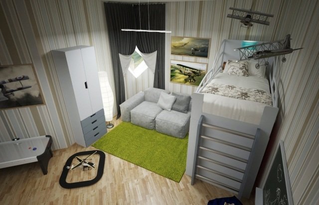 detská izba-chlapec-dizajn-nápad-sivá-zelená-podkrovná posteľ