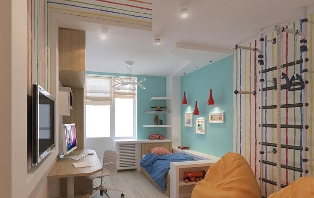 detská izba-dizajn-svetlo-modrá-farba-na stenu-akcenty-farebné-pruhy