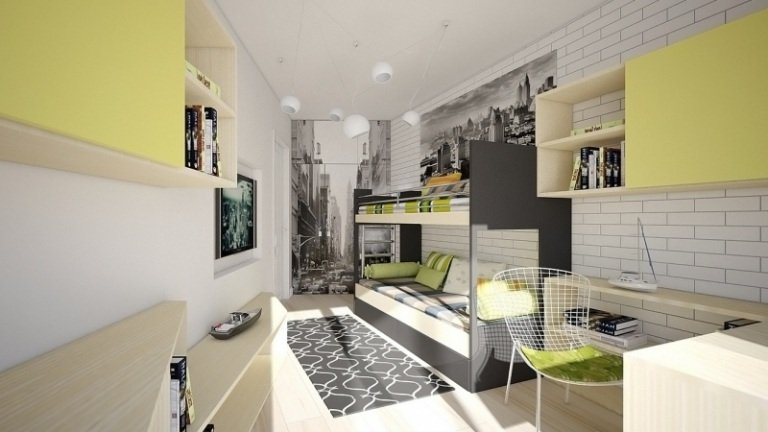 Detská izba-pre-chlapcov-2015-dizajn-steny-žiarivo-žltá-poschodová posteľ-tehly