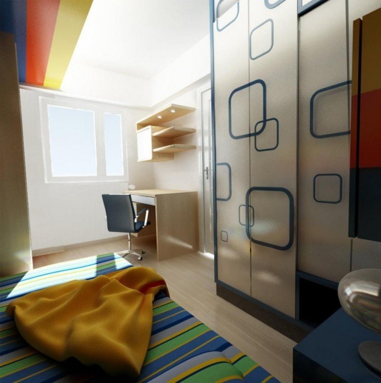 Detská izba pre chlapcov-2015-posuvné-dvere-skrine-čelo-vzorované-prehoz