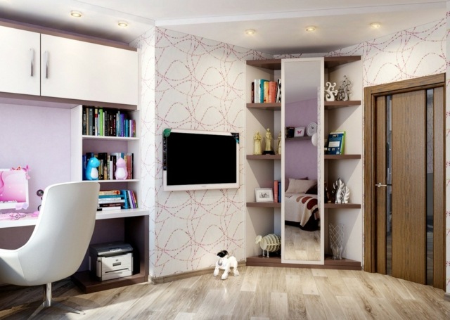 fialové biele tapety laminátové podlahové zásuvky zásuvky nástenné police stôl hračky pre deti