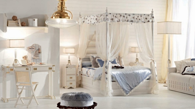 biela posteľ baldachýn dievča stolička stôl denná posteľ