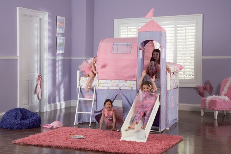 detská izba-dievča-dizajn-nápady-podkrovná posteľ-herňa-zámok-tkanina-fialová