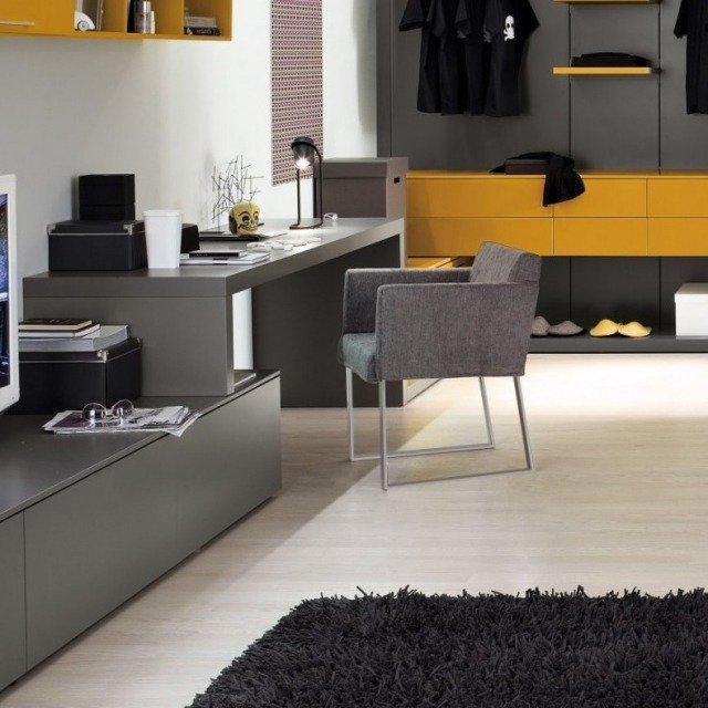 moderná domáca kancelária tmavosivá žltá kombinácia moderná kombinácia domácej kancelárie sivožltá
