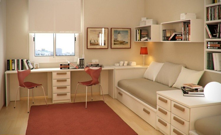 Detská izba pre dva zariadenie-písacie stoly-stoličky-postele-zásuvky-nástenné police-koberec