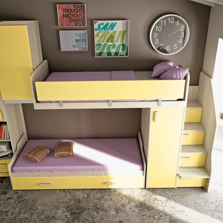 Navrhnite detské izby -majstrov-podkrovná posteľ-skriňa-žlté-schody