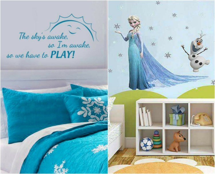 detská izba-dizajn-stena-tetovanie-porekadlo-elsa-olaf-prehoz-postel-modra-policka-hracky