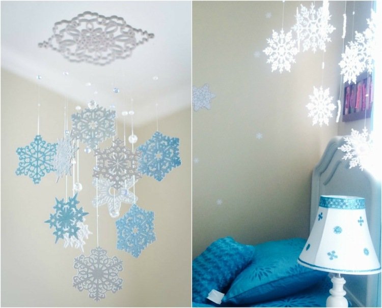 dizajn detskej izby-mobilný-stropný-snehová vločka-nočný-lampa-posteľ-vankúš-modrý