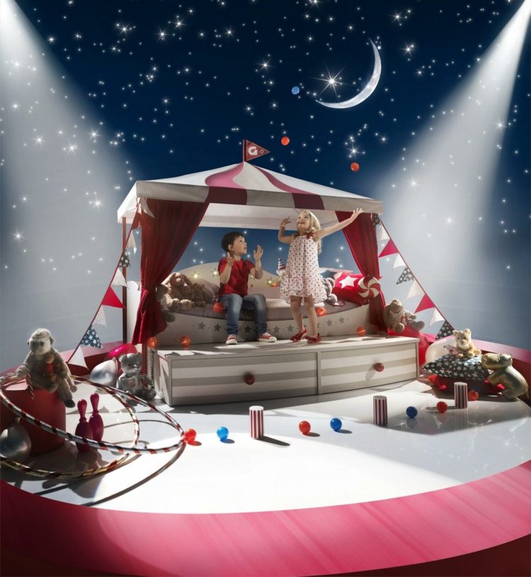 Kompletne navrhnuté nápady pre detskú izbu so stanovou arénou a posteľnou oblohou