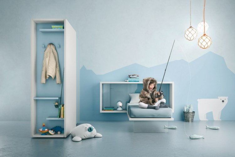 Nábytok do detskej izby biela-svetlo modrá-akcenty-Eisbaer-wandgestaltung