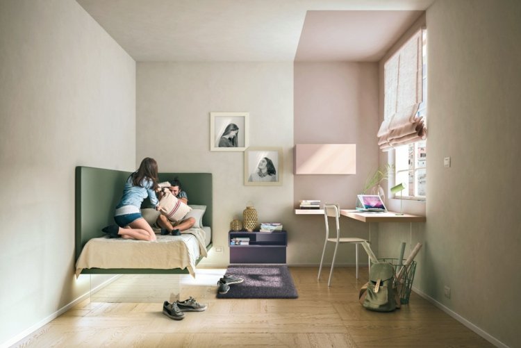 nábytok-detská izba-neutrálne-farby-béžové-farebné akcenty-zelená-purpurová-laminátová podlaha