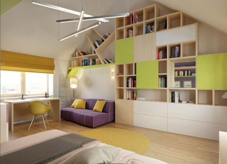 Optimálne usporiadanie detských izieb Dievčenská izba-Písací stôl-Pohovka-Poličky-Stena-Polica-Závesná lampa-Křeslo-koberec