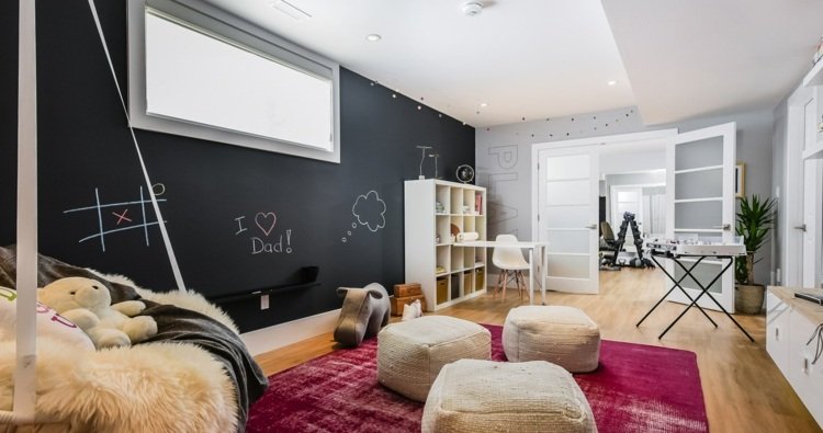 detská izba-optimálne zariadenie-veľká stena-dizajn-tabuľa-farebne vpísané-písací stôl-police-závesné kreslo