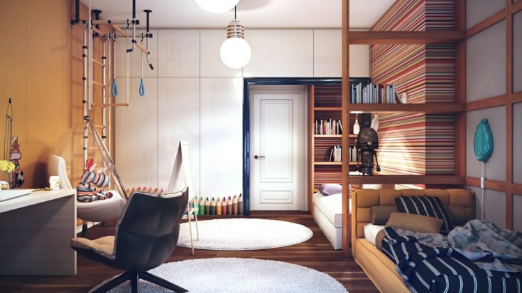 detská izba-optimálne zariadené-detská izba-posteľ-pohovka-písací stôl-stolička-závesné kreslo-police-koberec-športové vybavenie