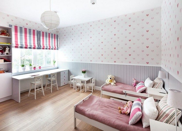 detská izba-stena-dizajn-nápady-tapeta-srdce-vzor-dievčatá