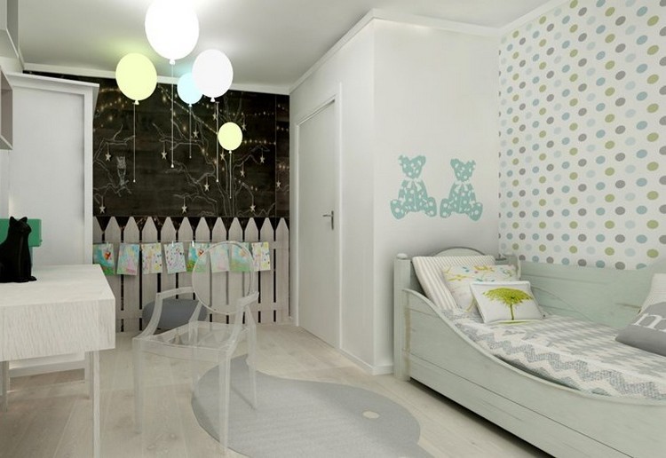 detská izba-stena-dizajn-nápady-tapeta-bodky-vzor-sivá-mäta-zelená-biela