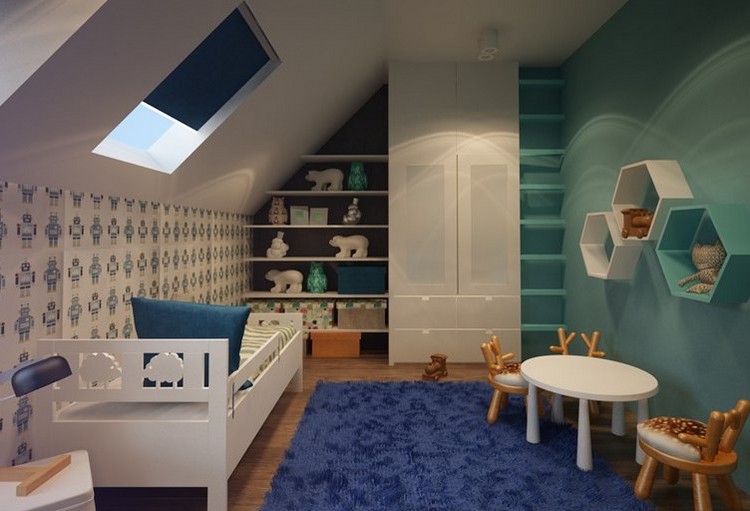 detská izba-stena-dizajn-nápady-tapeta-chlapec-robot-vzor-podkrovie