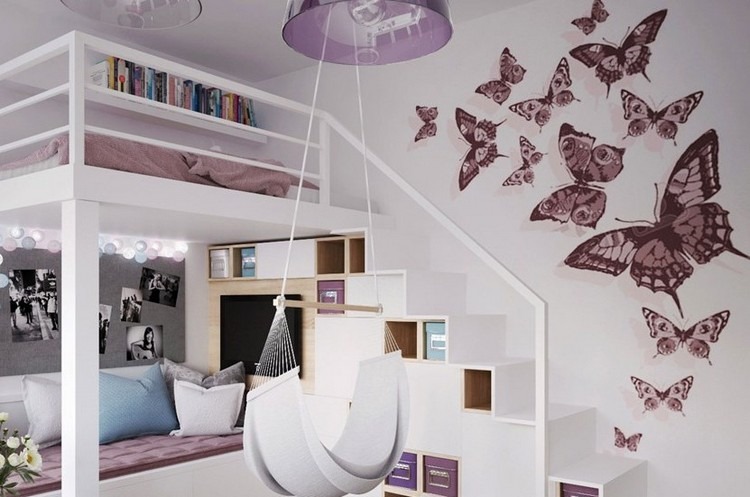 detská izba-dizajn steny-nápady-samolepky na stenu-motýle-ružová-podkrovná posteľ