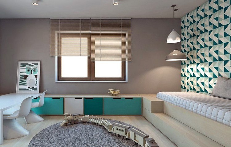 detská izba-stena-dizajn-nápady-chlapec-taupe-farba-steny-geometrická-tapeta-zelená