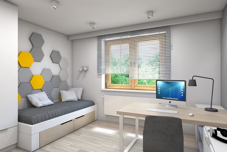 detská izba-stena-dizajn-nápady-chlapec-stena-panely-šesťuholník-tvar-žlto-sivá