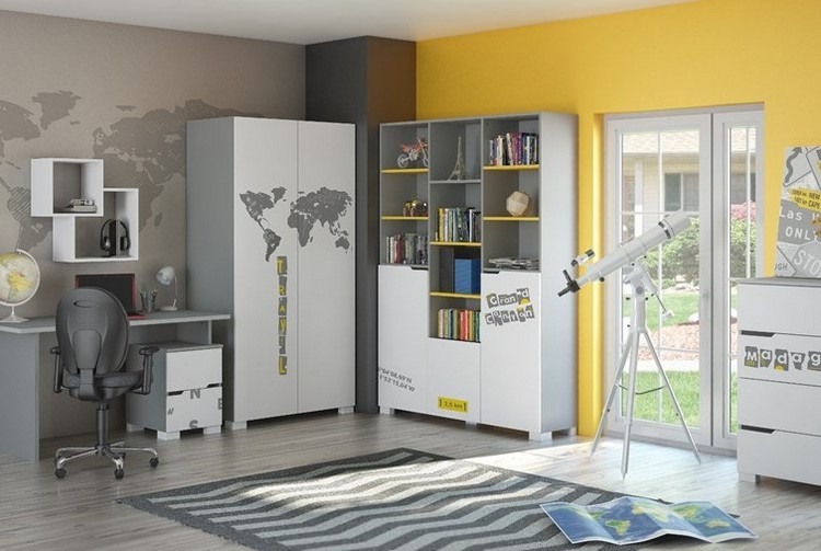 detská izba-stena-dizajn-nápady-chlapec-sivá-žltá-mapa-sveta-šablóna