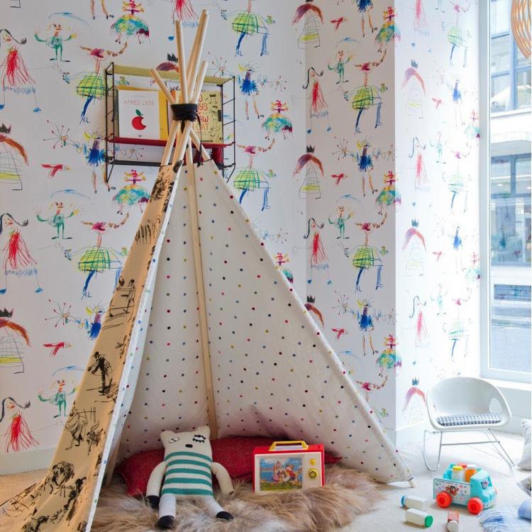 Zariadenie detskej izby-dekorácia-stena-tapeta-účty-stan