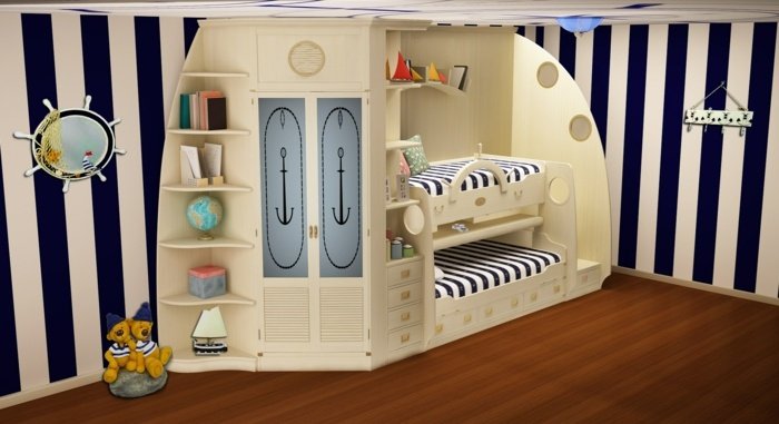 nápady na nábytok do detskej izby postele rohové skrine police námorné
