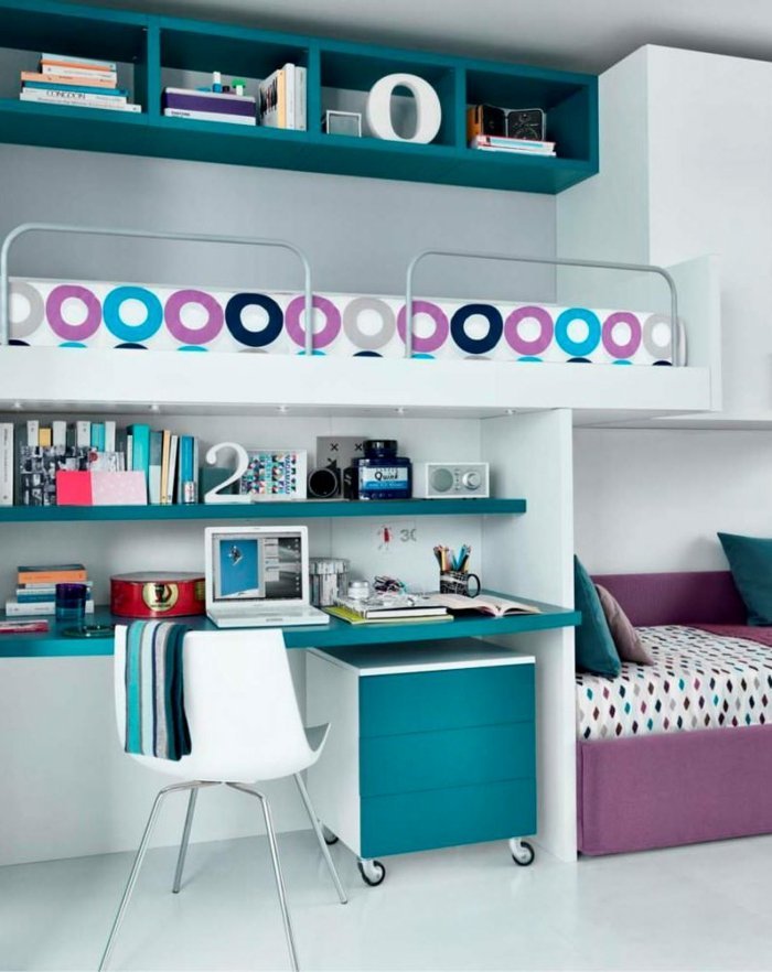 Zariadenie detskej izby moderný podkrovný písací stôl modrá fialová