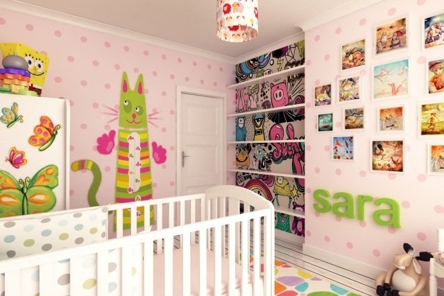 nursery-wall-design-nápady-dievča-ružovo-bodkované-graffiti-umenie