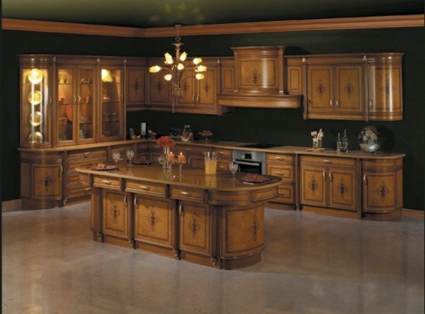 klasicko-drevená kuchynsko-kuchynská ostrovná-sklenená komoda