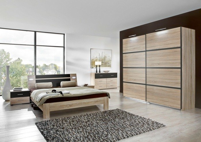 Skrinka s posuvnými dverami Otto s osvetlením v drevenom vzhľade Šatníková skriňa s posuvnými dverami-futonová posteľ-spálňa Otto