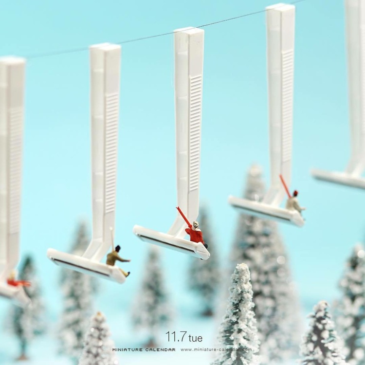 miniatúrny kalendár jednorazový výťah na holiaci strojček snehové krajiny mikro umelecké diela