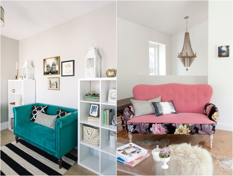 farebne čalúnené malé sedačky ako akcent v obývačke malé pohovky-obývacia izba-2-miestne-farebné-čalúnenie
