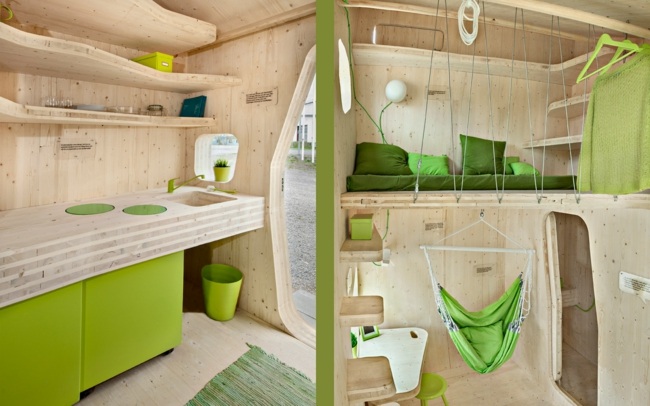 Kuchyňa priestor na spanie obývací priestor hojdacia sieť Spacia časť obývacia časť hojdacia sieť