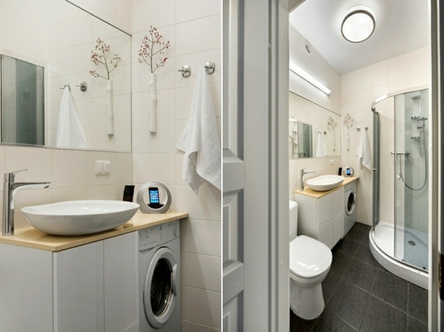 Dizajn kúpeľne priestorovo úsporný sprchovací kút rohová žulová sivá dlažba Sprchovací kút rohová žulová sivá dlažba LED lampa zrkadlo