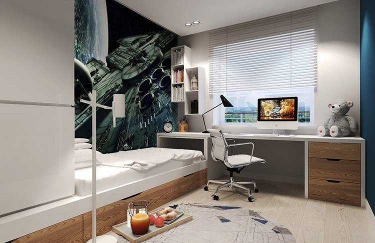 Zariaďte malú detskú izbu-nápady-chlapec-foto-tapetu-biely-nábytok