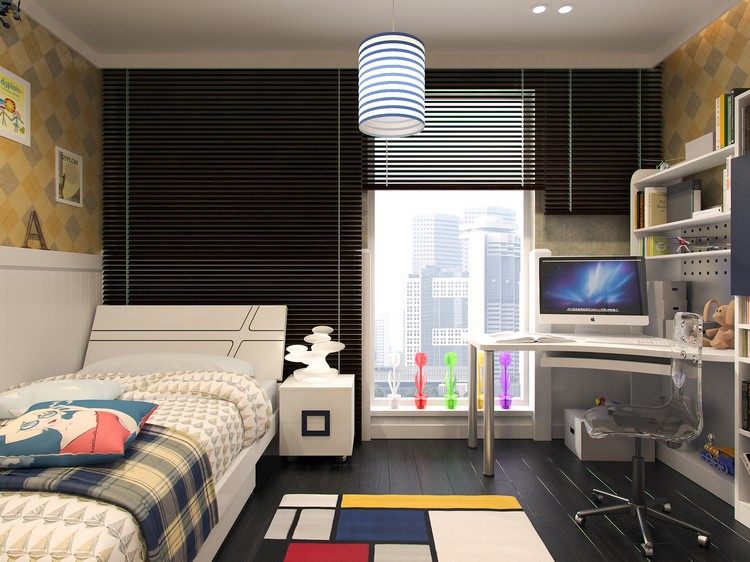 malý-detská izba-zostava-nápady-chlapec-biely-nábytok-tapeta-skontrolovaný vzor