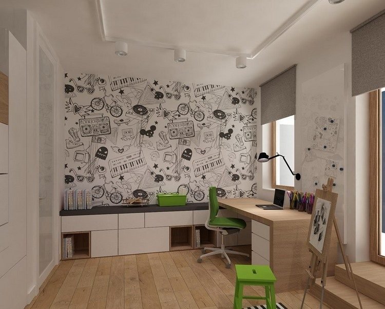 malá detská izba-zariadenie-nápady-chlapec-stôl-skriňa-lavica-tapeta-motív