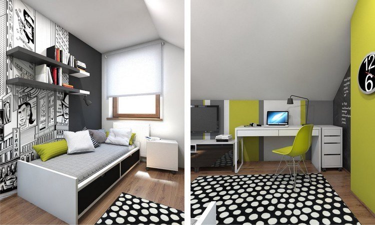 malá detská izba-zariadenie-nápady-chlapec-dachschraege-zelená-šedá-čierna-biela