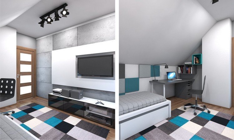 zariadenie malej detskej izby-nápady-podkrovie-chlapec-šedo-bielo-modré