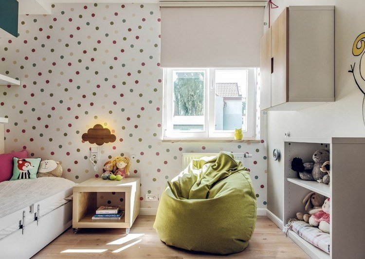 Založte malú detskú izbu-nápady-dievča-tapeta-bodka-vzor-biely-nábytok-sedací vak