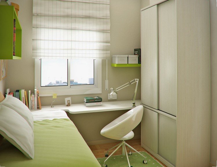 malá detská izba-interiér-dizajn-samostatná posteľ-písací stôl-vrchná skriňa