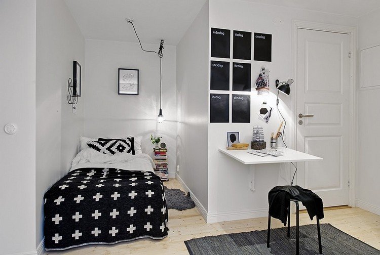 Skladací stôl namontovaný na stenu namiesto pracovného stola Malý spálňa-jednolôžko-škandinávsky skladací stôl